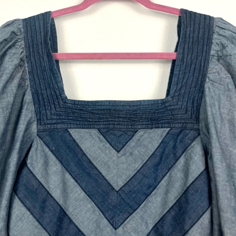 Anthropologie Love The Label Denim Patchwork Puff-Sleeve Smocked Top Small - Picture 3 of 6